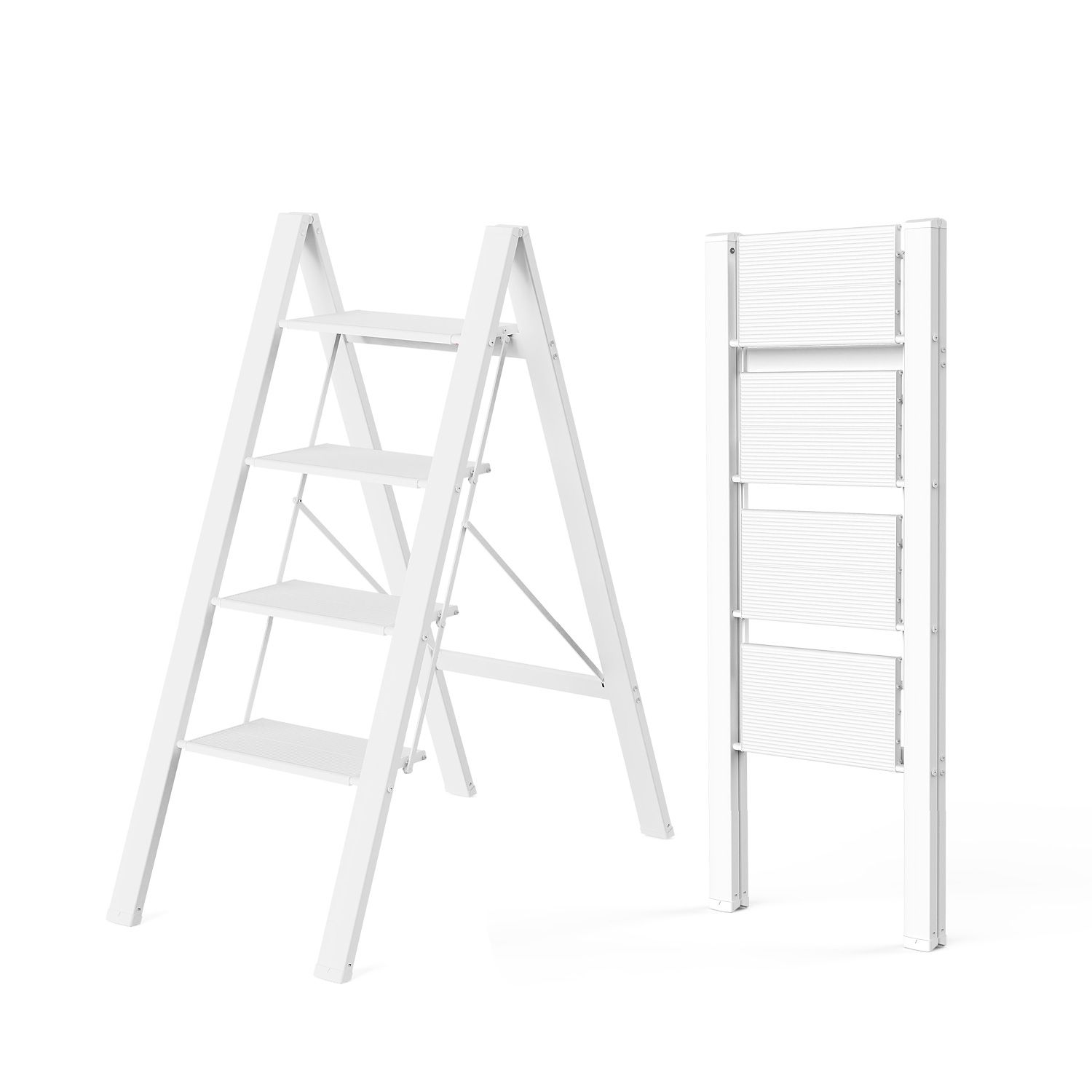 WOA WOA Step Ladder, Folding Step Stool with Anti Slip Pedals, Lightweight Aluminum Ladder, 300 lbs Capacity, Compact Household Stepladder, Easy to Store (4 Steps, White)