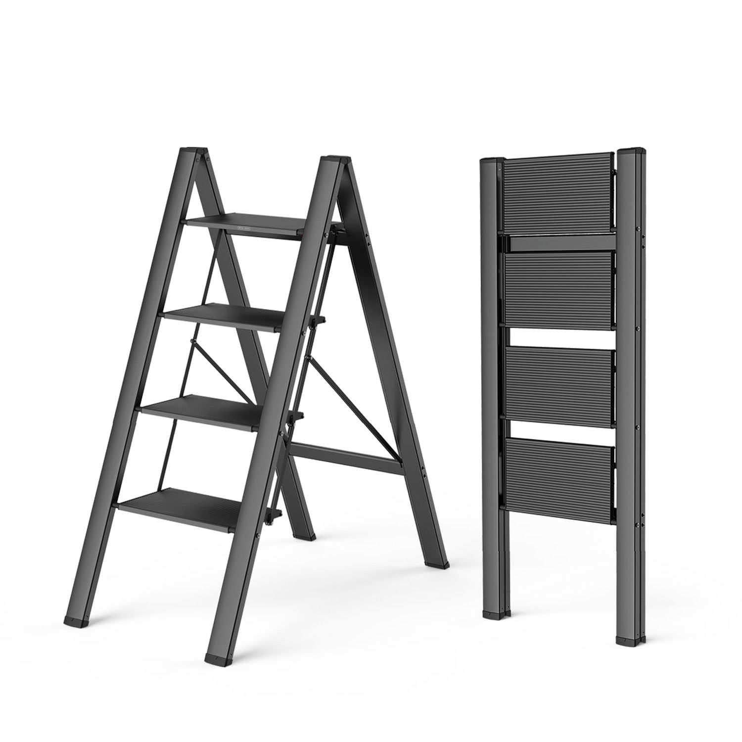 WOA WOA 4 Step Ladder, Folding Step Stool with Anti Slip Pedals, Lightweight Aluminum Ladder, Easy to Move, Compact Stepladder Fold Thin, Easy to Store (Black, 300 lbs Capacity)