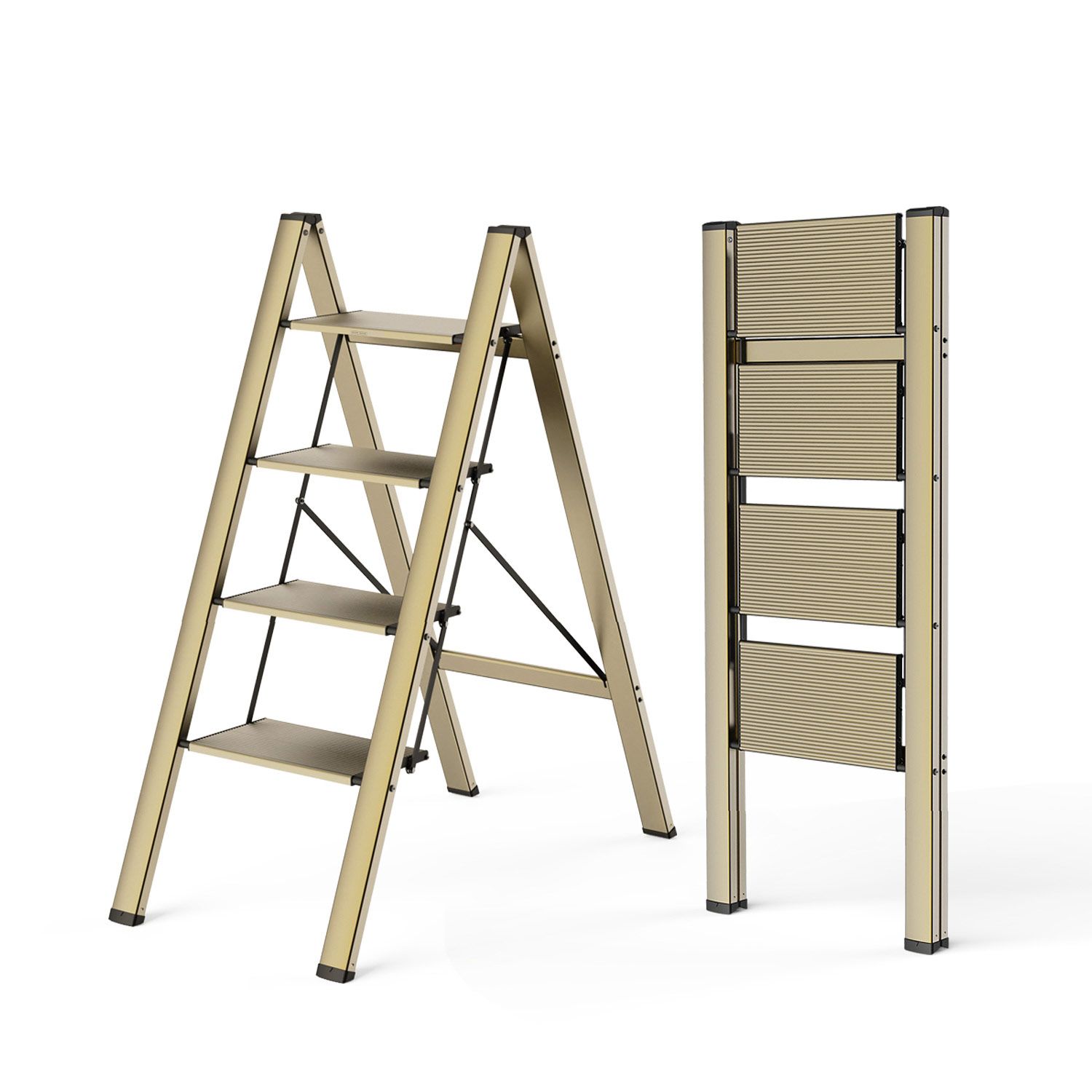 WOA WOA Ladder, Foldable Step Ladder, Lightweight Aluminum Step Stool, Compact Stepladder, Anti Slip Pedals, Easy to Move & Store (Brown Gold, 300 lbs Capacity)