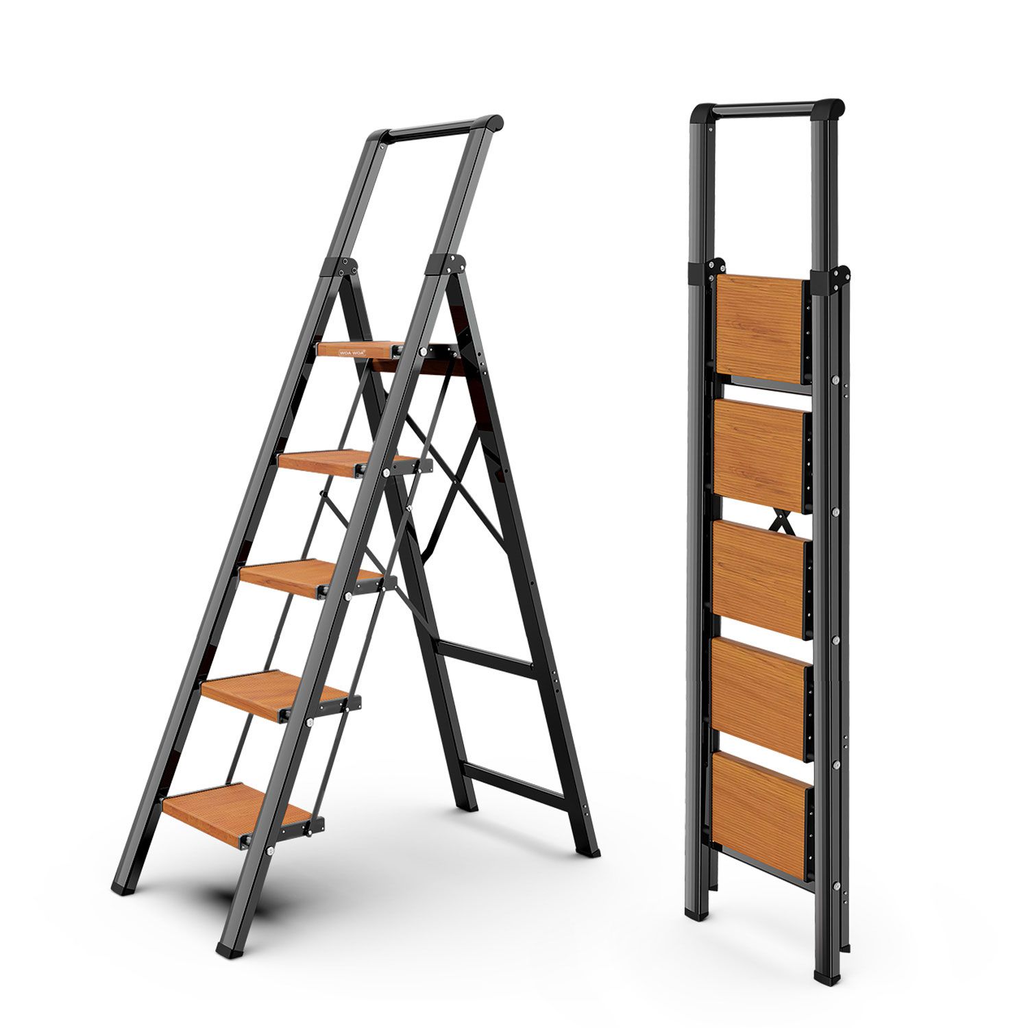 WOA WOA Step Ladder, 5-Step Folding Ladder with Wide Pedals, Tall Aluminum Ladder with Non-Slip Feet, Lightweight Stepladder for High Closets and Indoor Use, Space-Saving, 330lbs - Black&Wood Grain