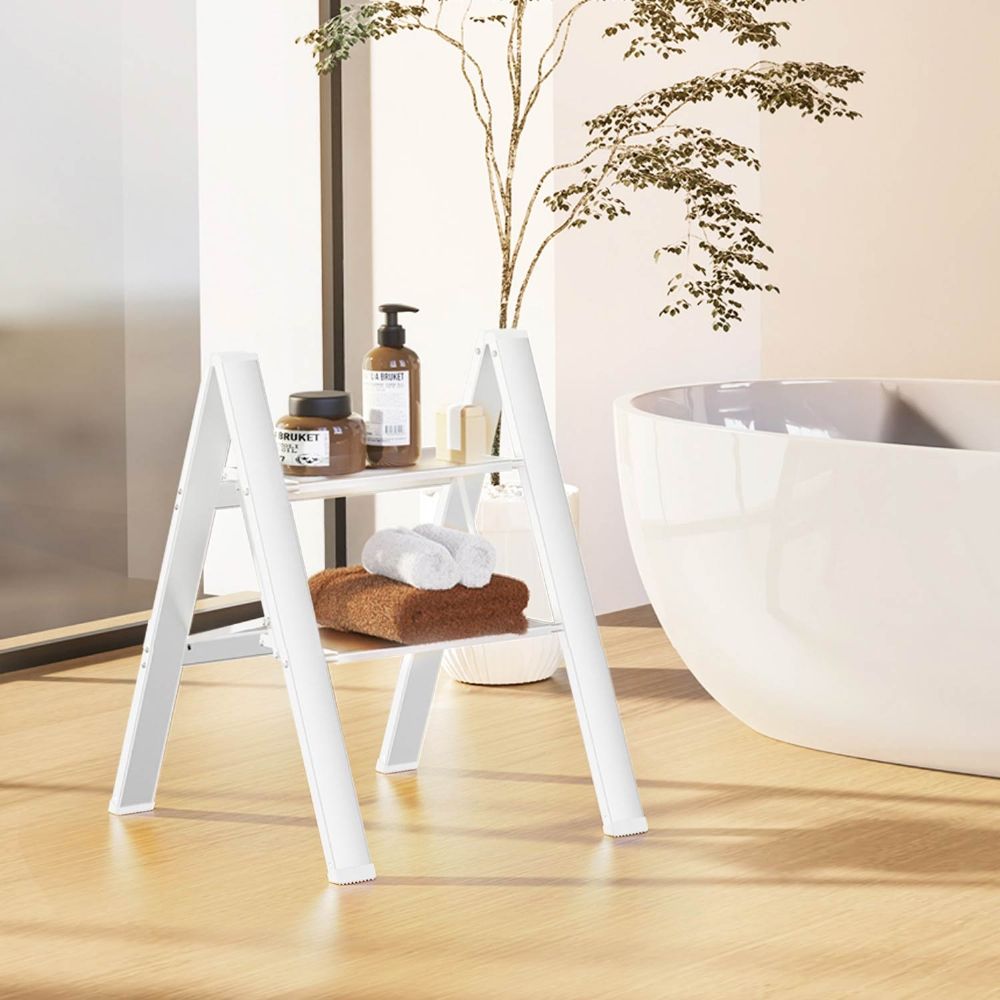 WOA WOA 2 Step Ladder, Folding Ladders with Anti-Slip Pedal, Portable Lightweight Stepladder, Aluminum Step Stool for Indoor & Outdoor 300lbs - White