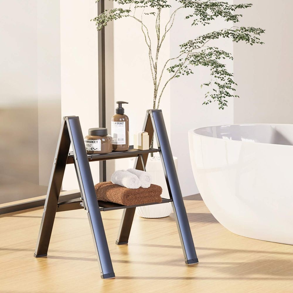 WOA WOA Step Ladder 2 Step Folding, Lightweight Portable 2 Step Ladder, Anti-Slip Aluminum Ladder, Stepladder for Household, Office, Library 300lbs - Black