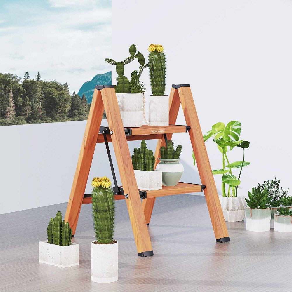 WOA WOA 2 Step Ladder, Portable Lightweight Folding Ladders with Anti-Slip Wide Pedal, Multi-Use Step Stool, Aluminum Stepladder, Easy to Store 330lbs - Wood Grain