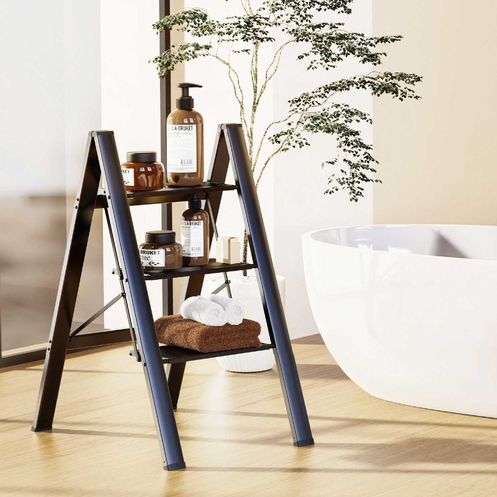 WOA WOA Step Ladder 3 Step Folding, Lightweight Portable 3 Step Ladder with Anti-Slip Pedal, Aluminum Stepladder, Step Stool for Office, Household, Library 300lbs - Black