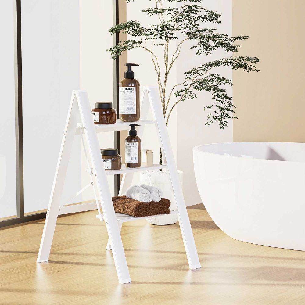 WOA WOA 3 Step Ladder, Folding Stepladder with Anti-Slip Pedal, Lightweight Portable Ladders, Aluminum Step Stool for Home, Kitchen, Office 300lbs - White