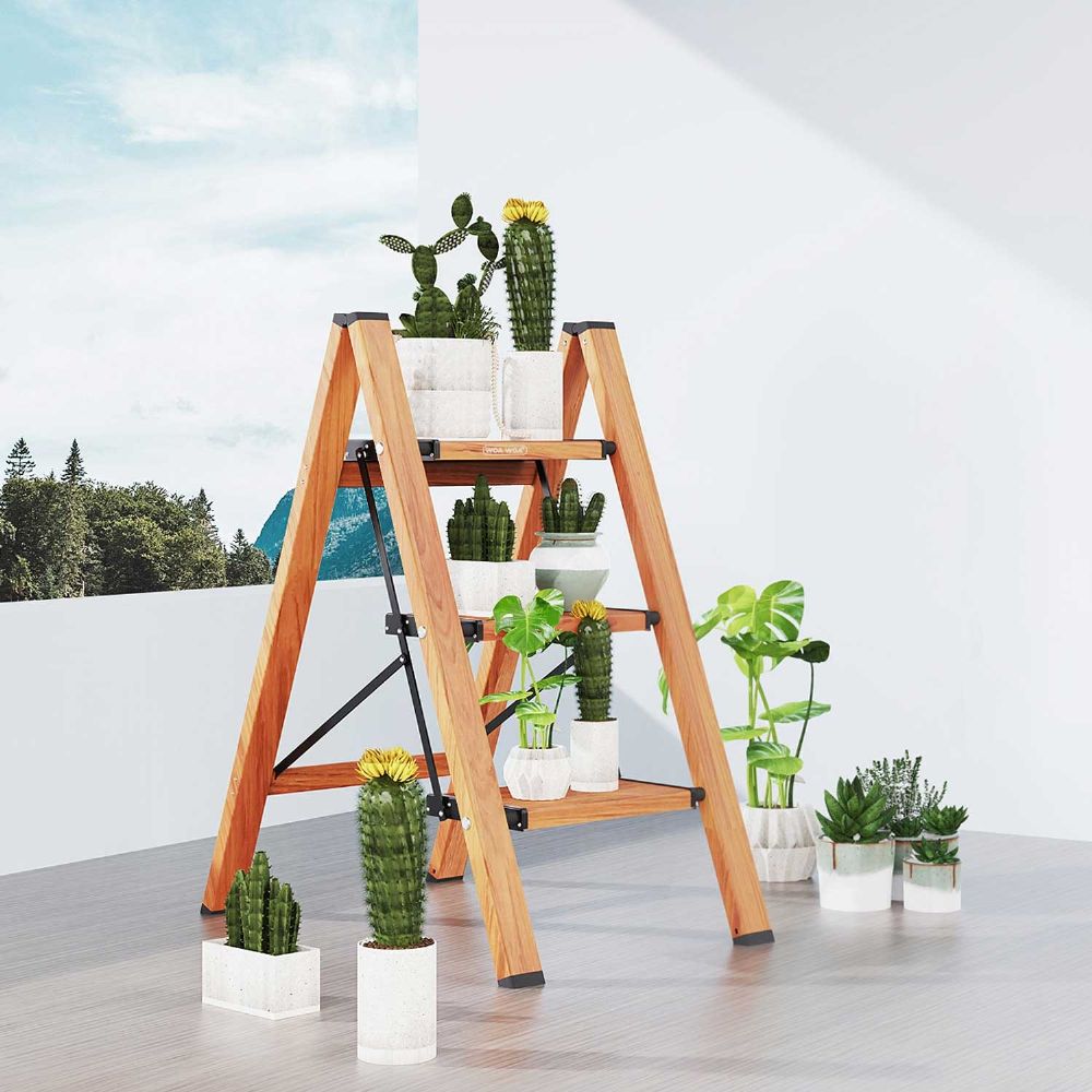WOA WOA 3 Step Ladder, Lightweight Aluminum Stepladder with Wide Pedal, Anti-Slip Portable Folding Ladders, Multi-Use Step Stool for Home Kitchen Office 330lbs - Wood Grain
