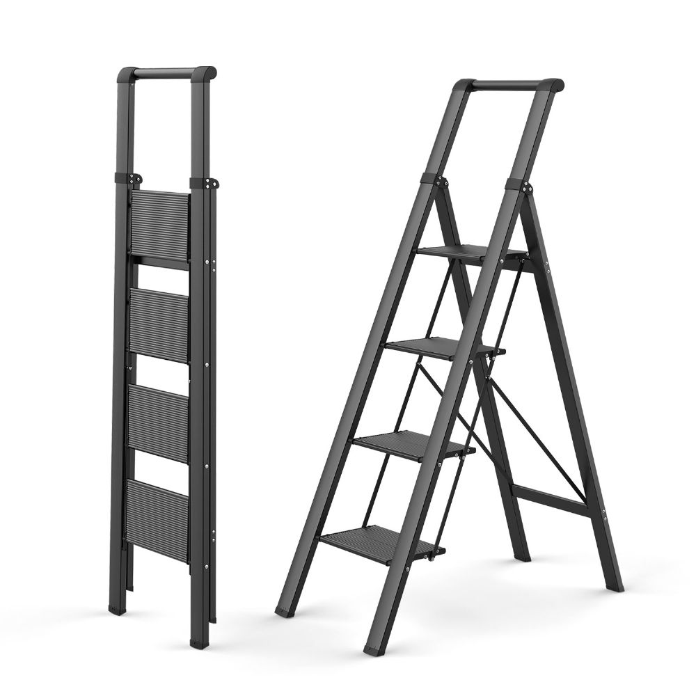 WOA WOA Step Ladder 4 Step Folding with Wide and Anti-Slip Pedal, Folding Step Ladder with Handgrip, Portable Lightweight Aluminum Stepladder for Home, Kitchen, Library, Office - Black