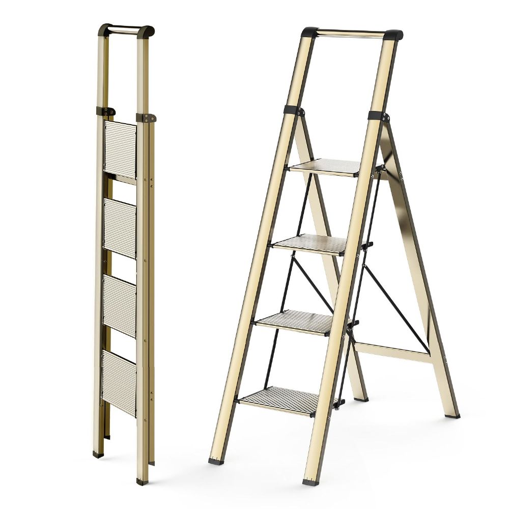 WOA WOA Step Ladder 4 Step Folding, Lightweight Portable Stepladder with Anti-Split Pedal, Ladders with Convenient Handgrip, Aluminum Step Stool for Library, Home, Kitchen - Gold