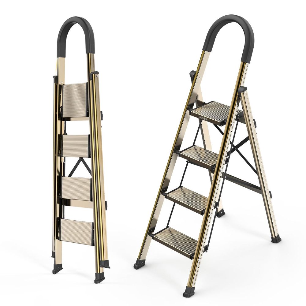 WOA WOA 4 Step Ladder, Folding Ladder with Handgrip, Portable Lightweight Stepladder, Anti-Slip Aluminum Step Stool for Home Office Library, Top Wide Pedals, Fold Thin, 300lbs - Black