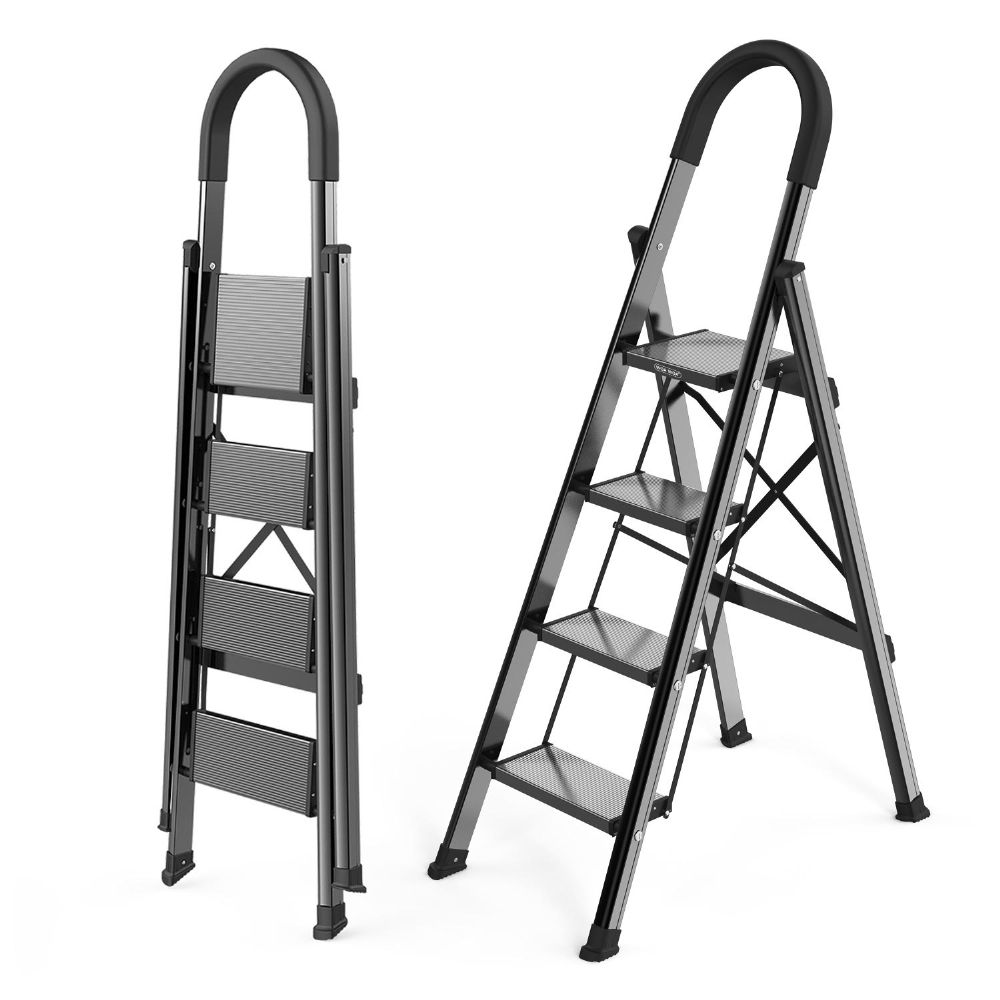 WOA WOA 4 Step Ladder, Folding Ladder with Handgrip, Portable Lightweight Stepladder, Anti-Slip Aluminum Step Stool for Home Office Library, Top Wide Pedals, Fold Thin, 300lbs - Black