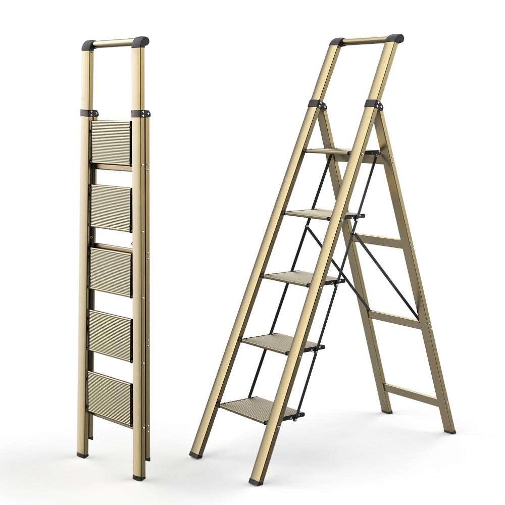 WOA WOA 5 Step Ladder, Folding Stepladder with Anti-Slip Wide Pedal, Lightweight Aluminum Ladder with Handgrip Portable for Home, Office, Library - Black
