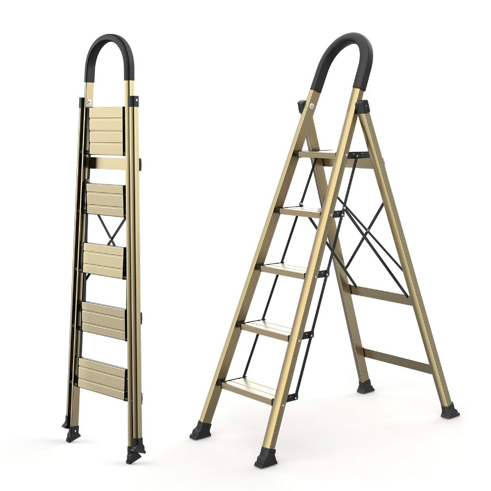 WOA WOA 5 Step Ladder Folding with Anti-Slip Wide Sturdy Pedal, Folding Ladder with Convenient Handgrip, Portable Lightweight Aluminum Stepladder for Home, Office, Library - Gold