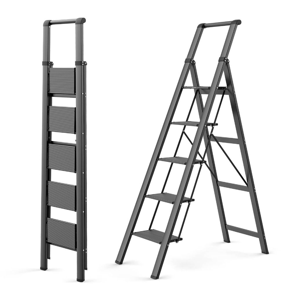 WOA WOA 5 Step Ladder, Folding Stepladder with Anti-Slip Wide Pedal, Lightweight Aluminum Ladder with Handgrip Portable for Home, Office, Library - Black
