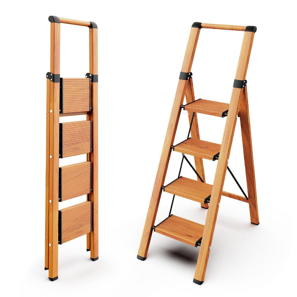 WOA WOA 4 Step Ladder, Foldable Aluminum Ladder, Portable Lightweight Stepladder with Anti-Slip Wide Pedal, Tall Step Stool with Handgrip for Library Office Home 330lbs - Wood Grain