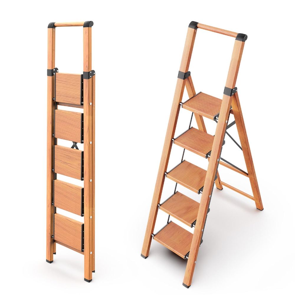 WOA WOA 5 Step Ladder, Portable Lightweight Stepladder with Anti-Slip Wide Pedal, Foldable Aluminum Ladder, Tall Step Stool with Handgrip for Library Office Home 330lbs - Wood Grain