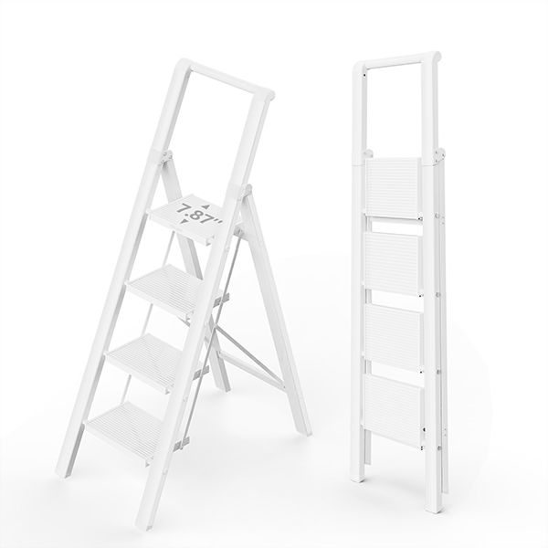 WOA WOA 4 Step Ladder, Stepping Ladder with Wide Rungs, Folding Aluminum Ladder with Non-Slip Feet, Portable Lightweight Ladder with Handle, Easy to Store, 330 lbs Load - White
