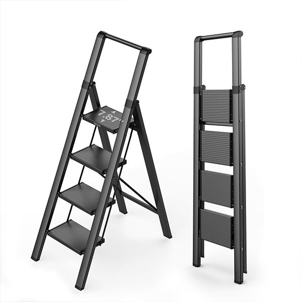 WOA WOA Step Ladder, 4 Step Ladder with Widen Pedals, Lightweight Folding Step Ladder for Home, Aluminum Ladder with Anti Slip Feet, Kitchen Ladder for High Cabinet 330 lbs Load - Black