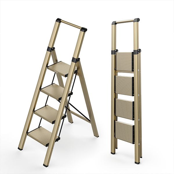 WOA WOA Ladder, Step Ladder 4 Step Folding with Wide Pedals, Lightweight Stepladders for High Closet, Tall Aluminum Ladder with Non-Slip Feet, Indoor Step Ladder Space Save 330lbs - Gold