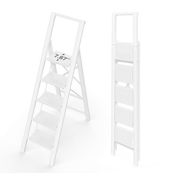 WOA WOA 5 Step Ladder, Stepping Ladder with Wide Rungs, Portable Lightweight Ladder with Handle, Folding Aluminum Ladder with Non-Slip Feet, Easy to Store, 330 lbs Load - White