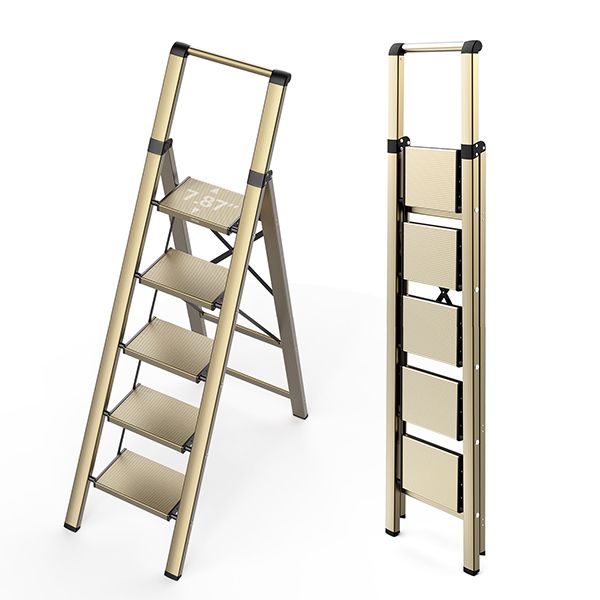 WOA WOA Ladder, Step Ladder 5 Step Folding with Wide Pedals, Tall Aluminum Ladder with Non-Slip Feet, Lightweight Stepladders for High Closet, Indoor Step Ladder Space Save 330lbs - Gold