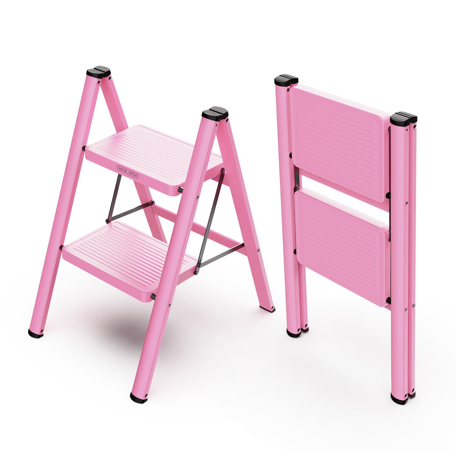 WOA WOA 2 Step Stool, Step Ladder Foldable with Wide Pedals, Portable Kitchen Stepping Stool, Sturdy Steel Ladders for Home and Office, with Non-Slip Feet, Hold 330 lbs - Pink