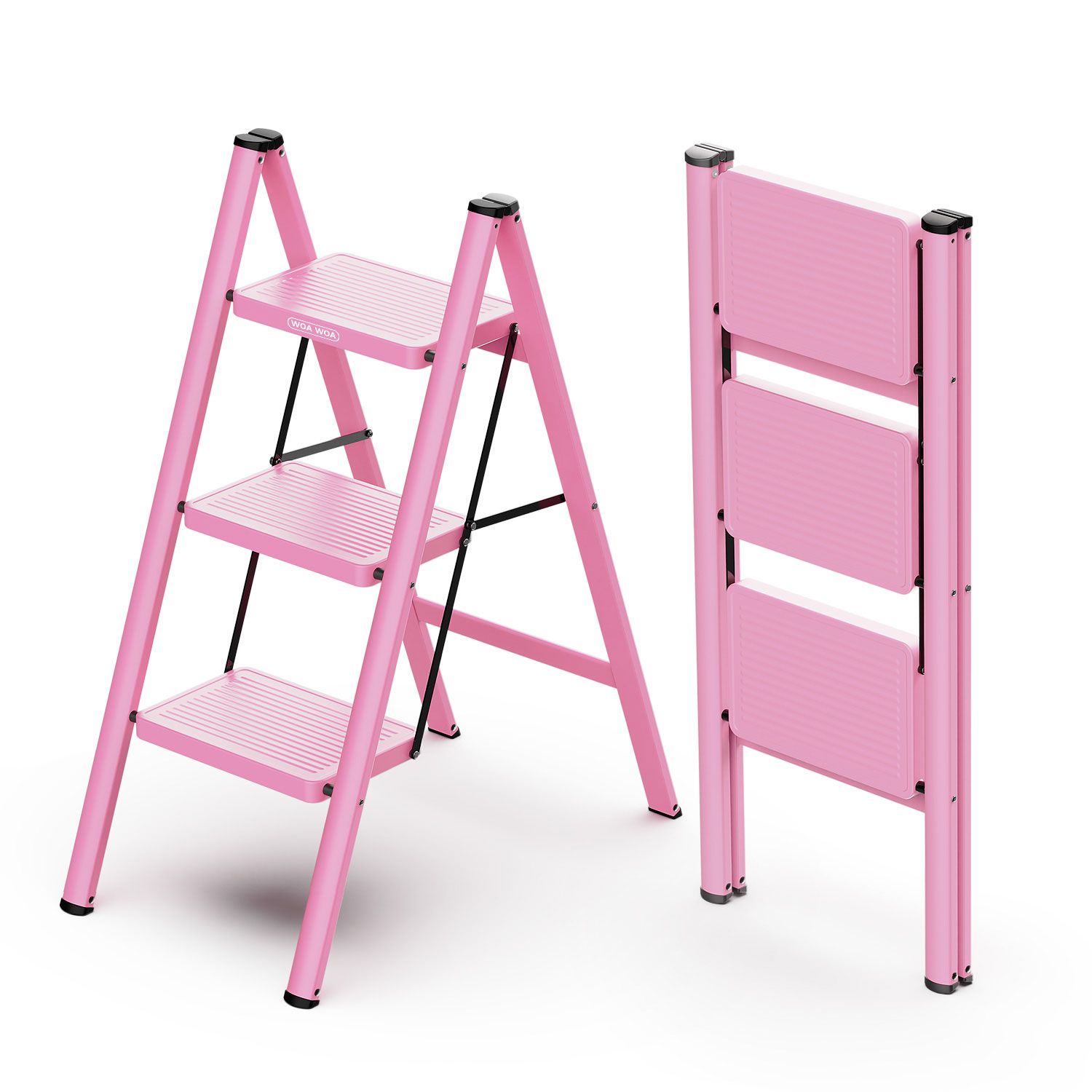 WOA WOA 3 Step Stool, Step Ladder Foldable with Wide Pedals, Compact Kitchen Stepping Stool, Sturdy Steel Ladders for Home and Office, with Non-Slip Feet, Hold 330 lbs - Pink