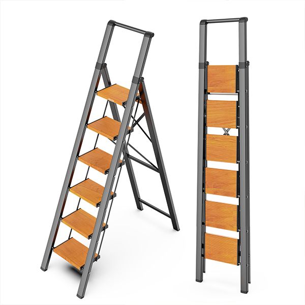 WOA WOA Step Ladder 6 Step Folding, Foldable Tall Ladder with Handrail, Aluminum Stepladder for High Ceilings, Lightweight, Deep Pedals, Anti-Slip Feet, Capacity 300 lbs - Black & Wood Grain