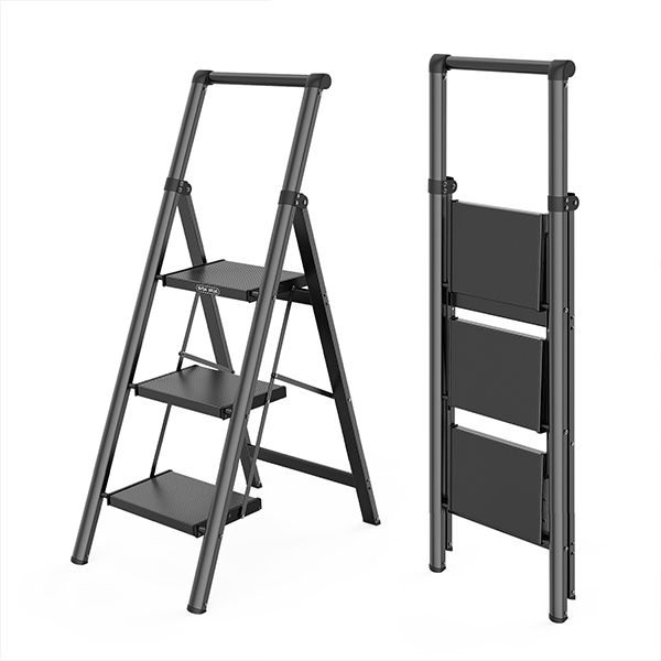 WOA WOA Step Ladder 3 Step Folding, Step Stool Foldable with Handle for Home, Sturdy Steel Kitchen Ladder, Lightweight to Move, Anti-Slip Feet, Wide Pedals, 330 lbs Capacity - Black