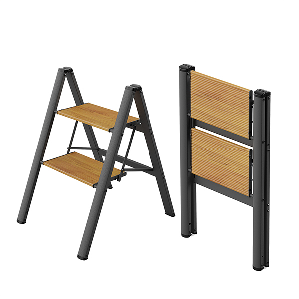 2 Step Ladder, 2 Step Stool Foldable, Lightweight Small Ladders for Home, Compact Kitchen Step Stool for Adults, Wide Aluminum Pedals, Non-Slip Feet, Capacity 300lbs - Black&Wood Grain