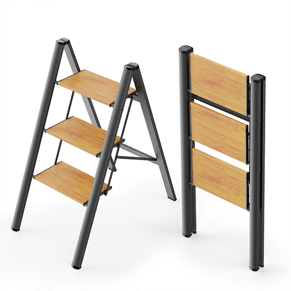 3 Step Ladder, Folding 3 Step Stool, Lightweight Aluminum Step Ladder, Portable Kitchen Step Stool, Space Saving, Anti-Slip Feet, Wide Pedals, Capacity 300lbs - Black&Wood Grain