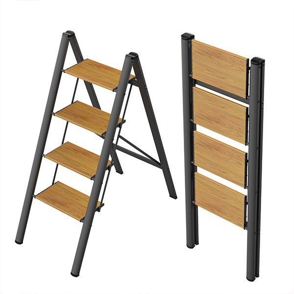 4 Step Stool, Step Ladder 4 Step Folding, Compact Aluminum Step Ladder, Lightweight Ladders for Home and Kitchen, Fold Thin to Store, Anti-Slip Feet, Capacity 300 lbs - Black&Wood Grain